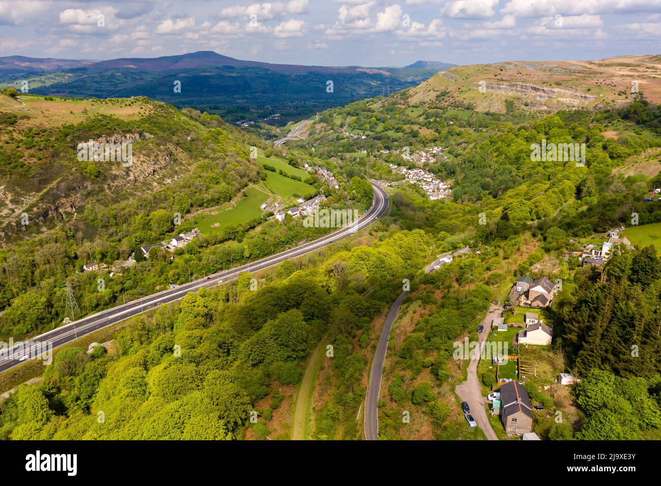 Aerial view of the newly completed A465 'Heads of the Valley' road near Clydach in Wales, UK Stock Photo