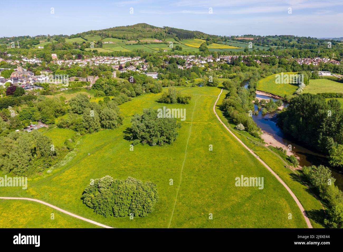 Aerial view of the River Usk and rural Welsh town of Abergavenny, Monmouthshire Stock Photo