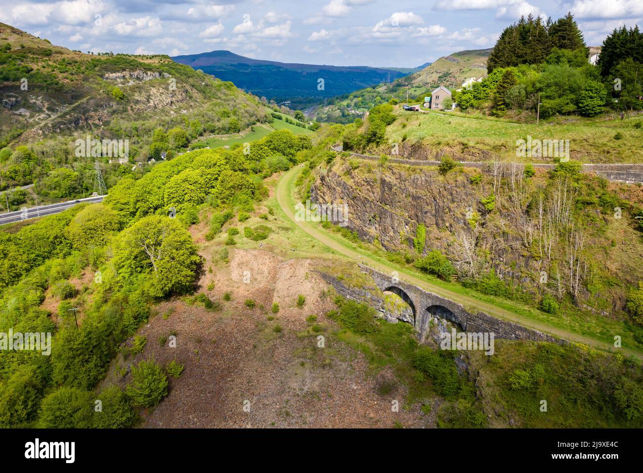 Aerial view of an old tram road converted to a cycle route near the village of Clydach in South Wales, UK Stock Photo