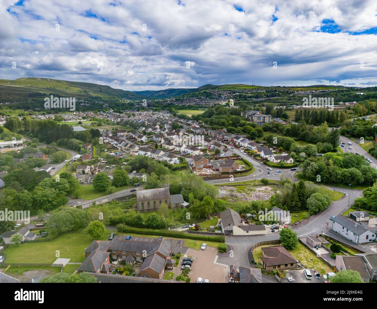 Aerial view of the Welsh valleys town of Ebbw Vale in early summer Stock Photo