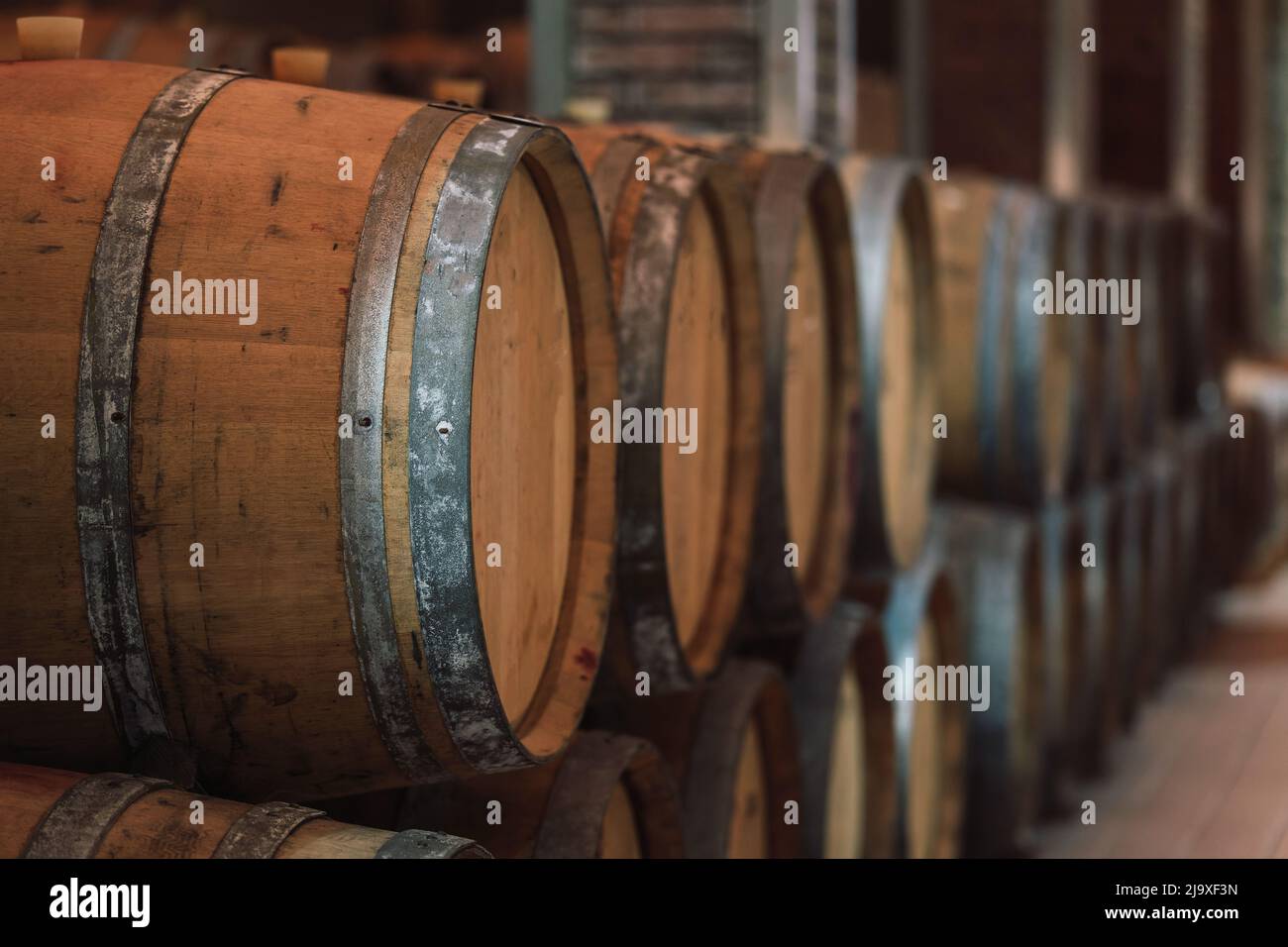 Wooden barrels for white and red wine aging, in rows and stacked, with