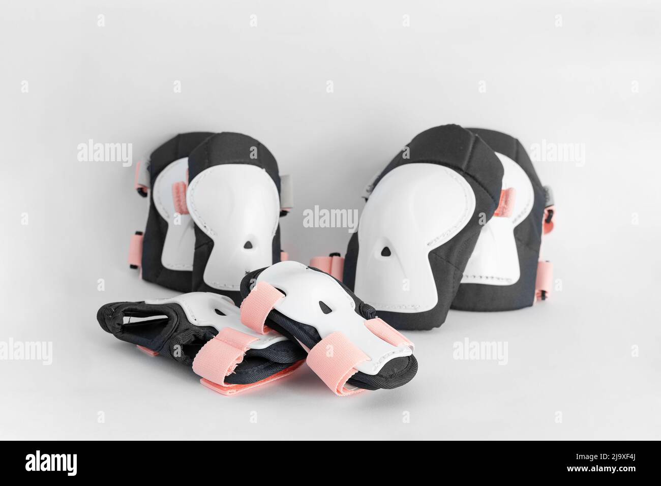 Top view of roller skates protective gear set knee, elbow and wrist