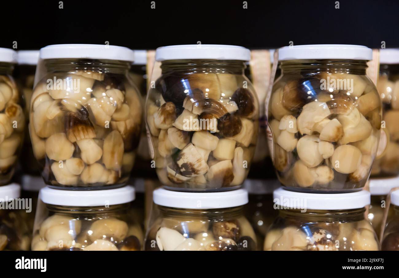Pickled fredolics mushrooms in glass jars on counter Stock Photo