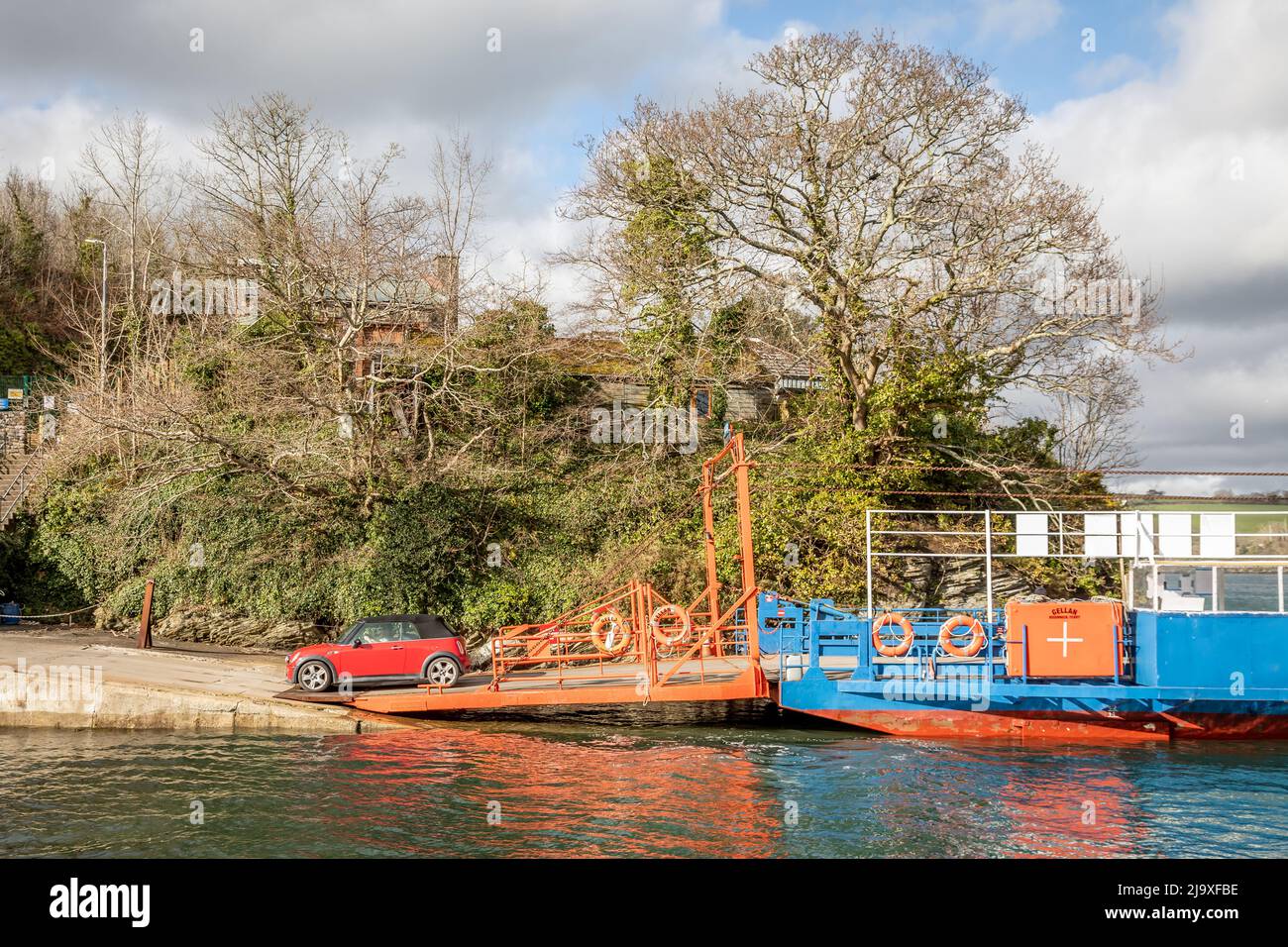 View from Fowey of the Bodinnick Ferry, Fowey, Cornwall Stock Photo