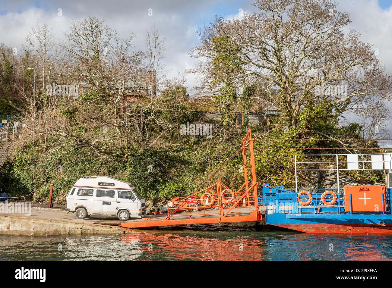 View from Fowey of the Bodinnick Ferry, Fowey, Cornwall Stock Photo