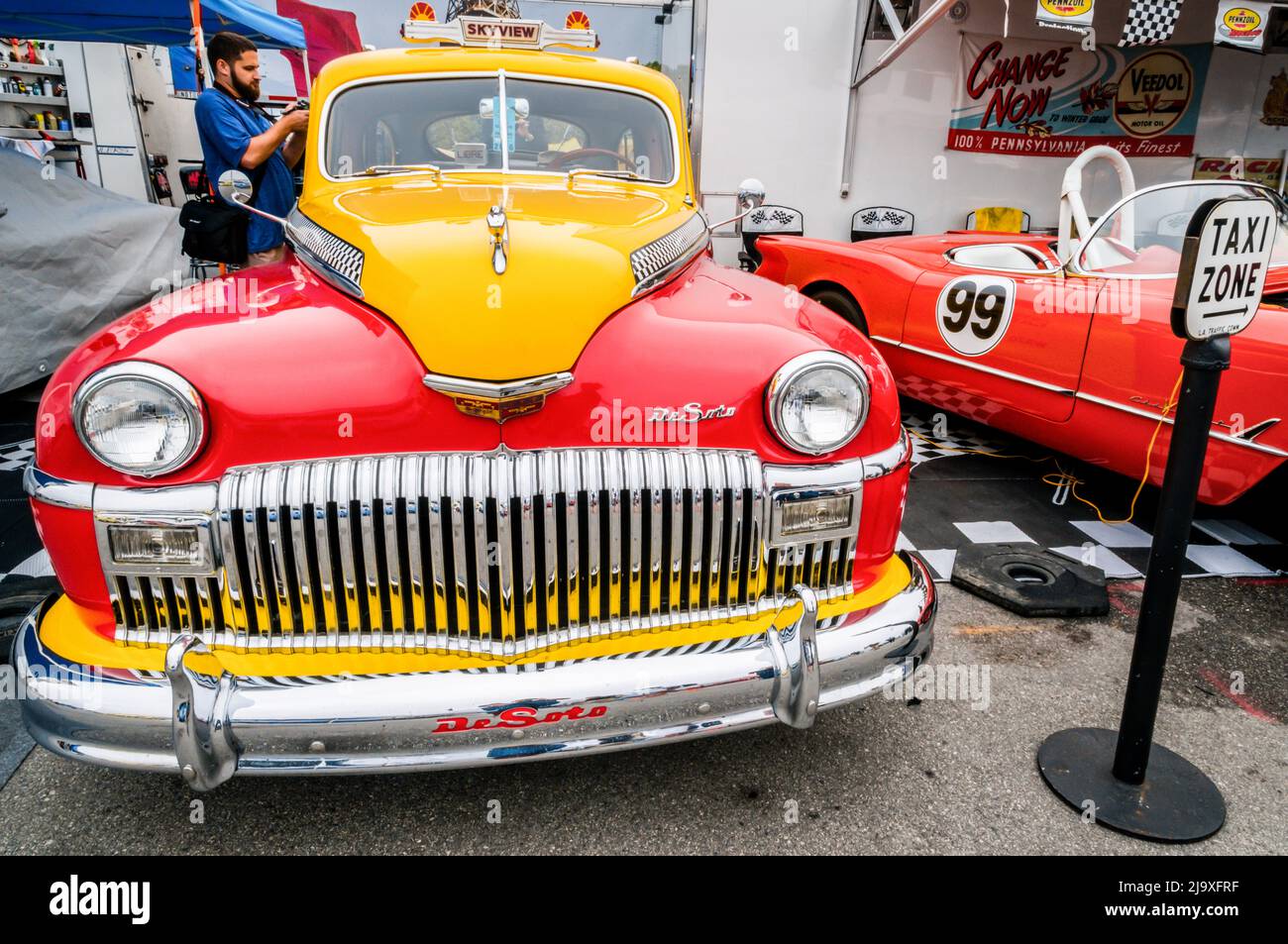 Vintage and classic cars ready to race at Laguna Seca racetrack in Monterey, California during the annual Reunion events of car week. Stock Photo