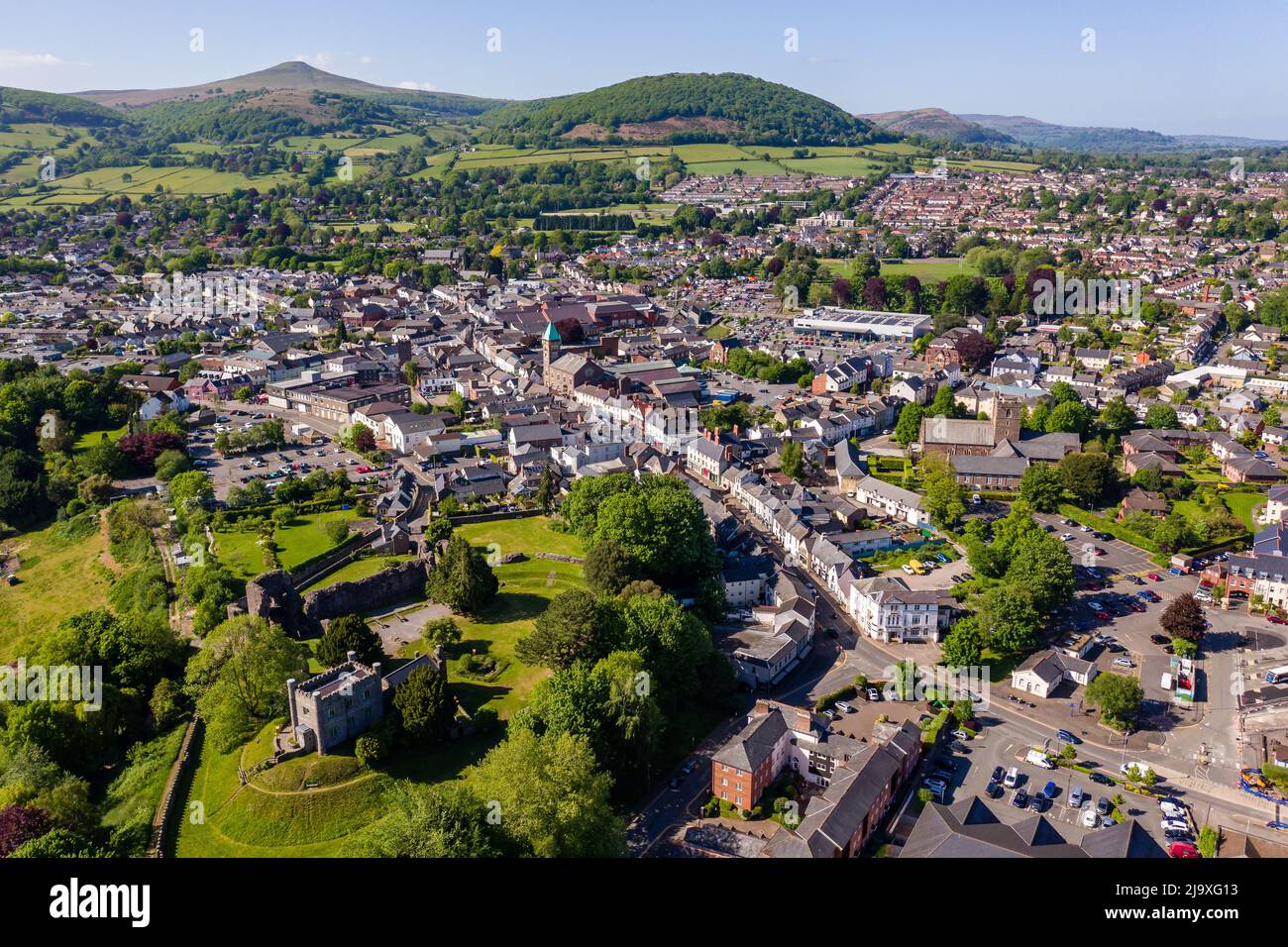 ABERGAVENNY, WALES MAY 14 2022 Aerial view of the Welsh market town
