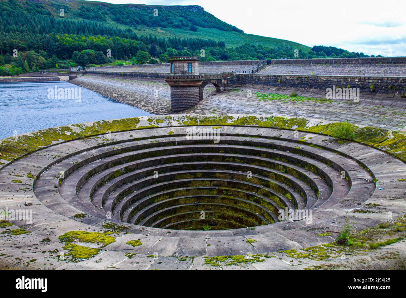 Ladybower Reservoir drainage system completely dry during the summer, Peak District, UK Stock Photo
