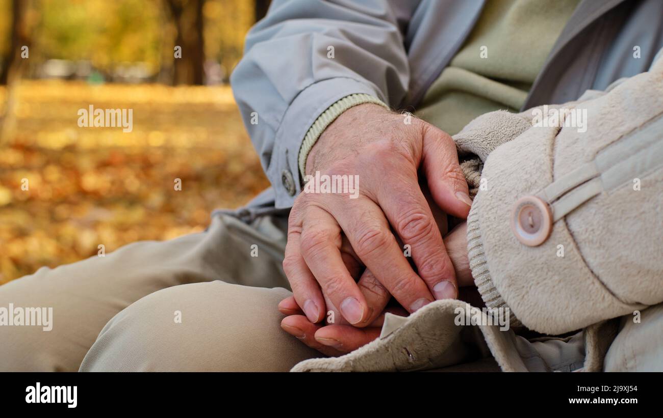 Close up wrinkled hands elderly couple mature retired man husband stroking wife on hand spend time together in autumn park show love support middle Stock Photo