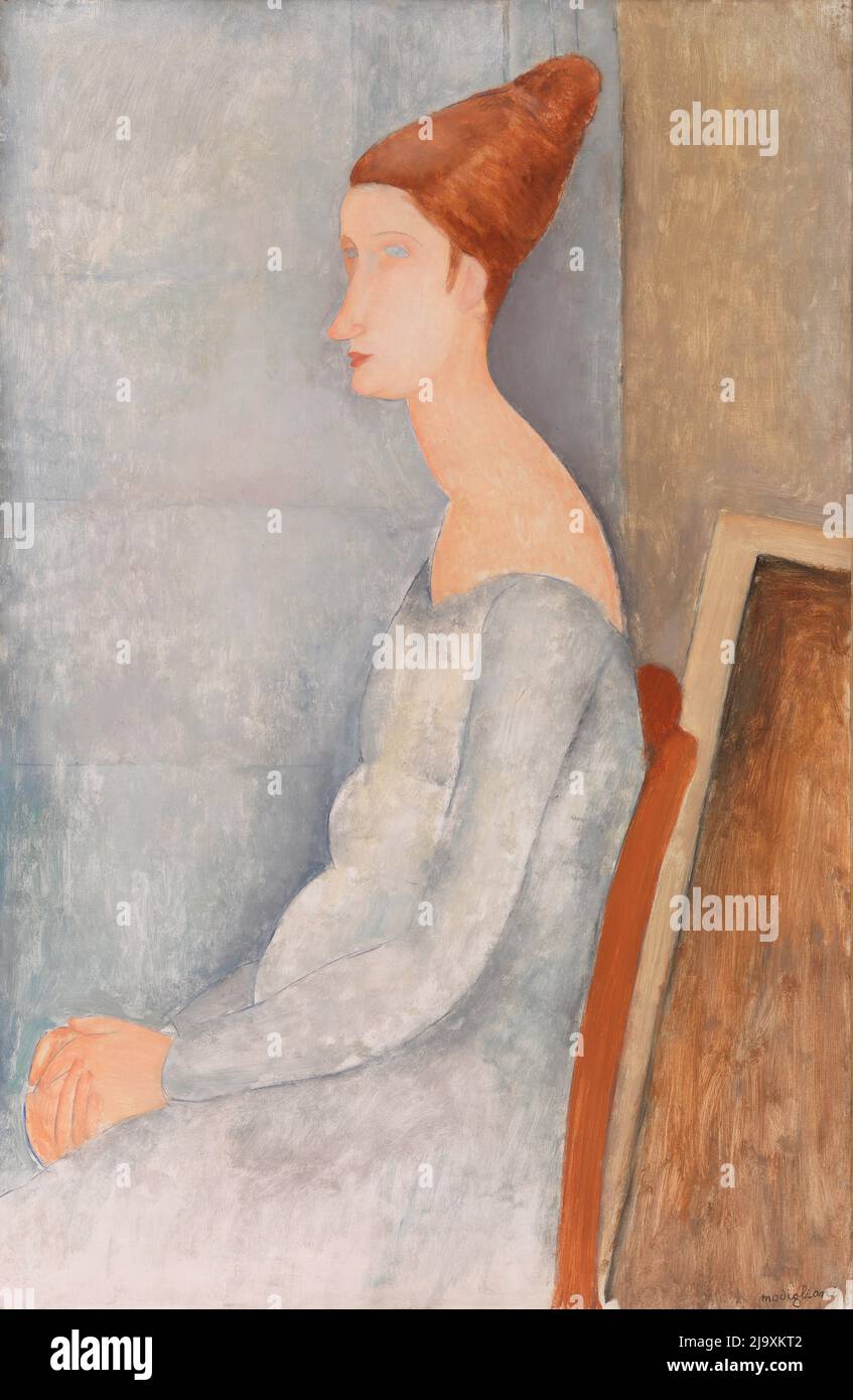 Title:  Portrait of Jeanne Hébuterne Creator: Amedeo Modigliani Date: 1918 Dimensions: 99.7 x 64.8 cm Medium: oil on canvas Location: Barnes Foundation Stock Photo
