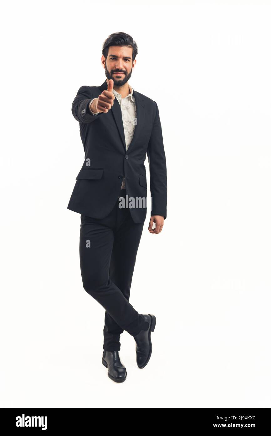 handsome bearded Latin businessman showing thumbs up on white isolated background. High quality photo Stock Photo
