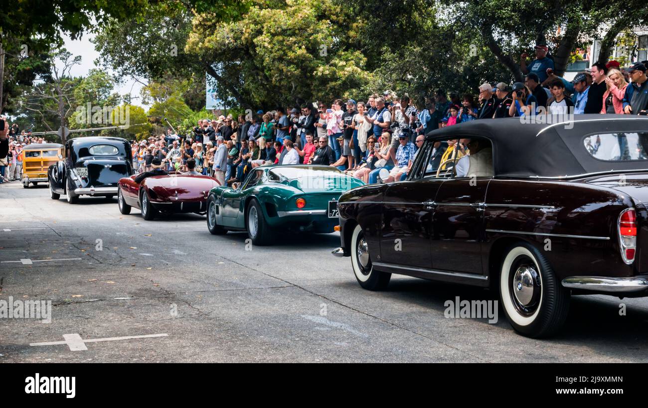 The Pebble Beach Concours d'Elegance event on Ocean Avenue in Carmel-by-the-Sea during Monterey car week Stock Photo
