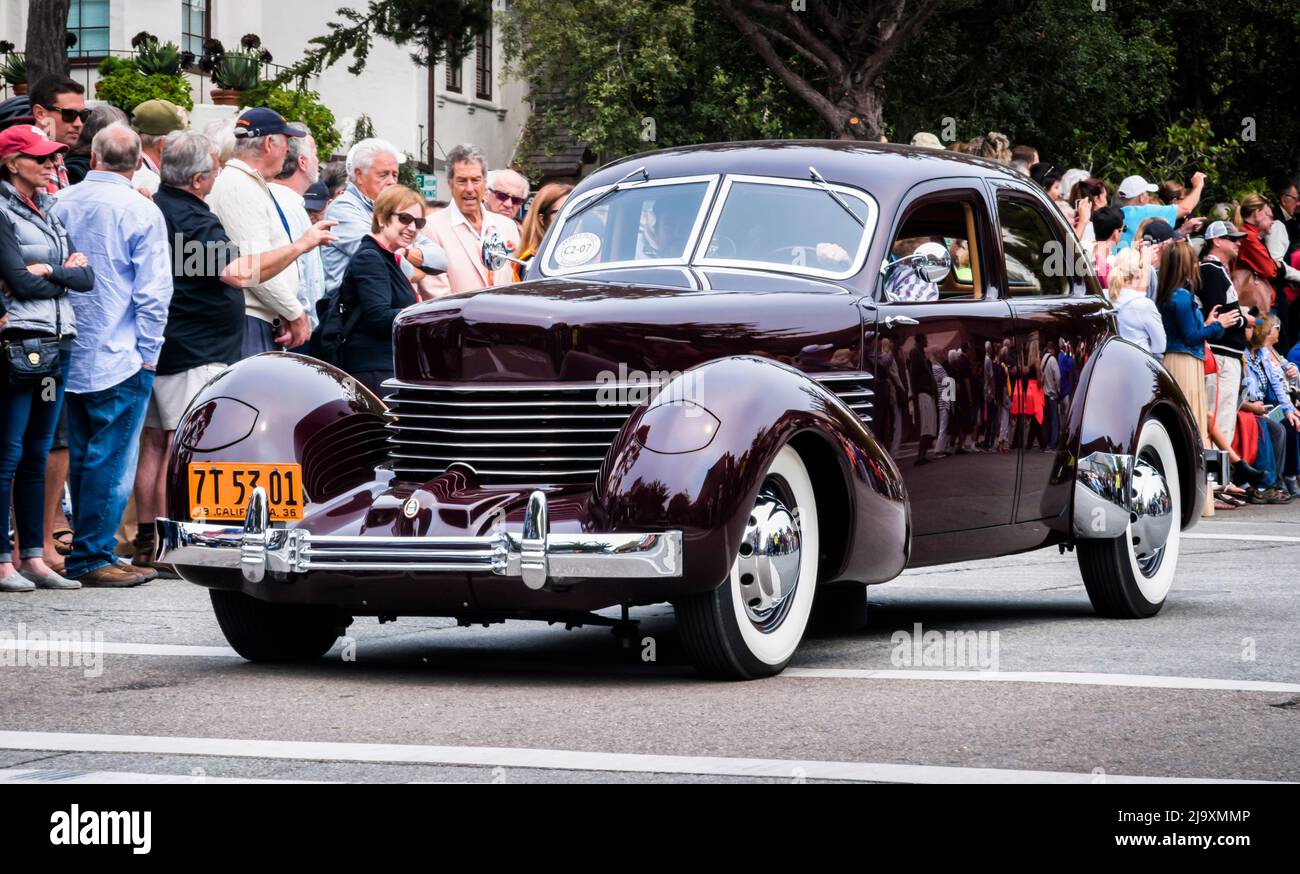 A 1936 Cord 810 Westchester Sedan at the Pebble Beach Concours d'Elegance event on Ocean Avenue in Carmel-by-the-Sea during Monterey car week Stock Photo