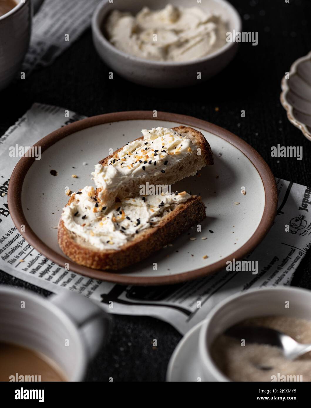Toast with cream cheese and everything bagel seasoning Stock Photo Alamy