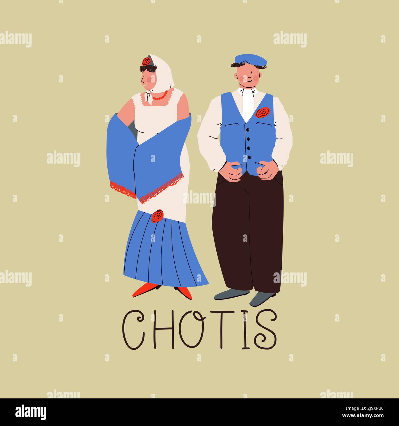 Madrid dance chotis. Man and woman in traditional Spanish dance costumes. Typical for the festival of San Isidro. Vector illustration. Stock Vector