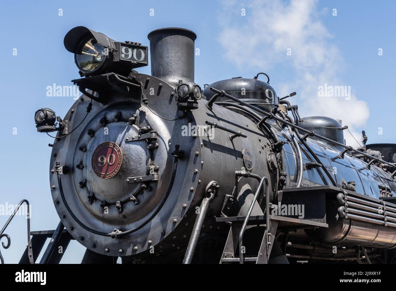 Strasburg Pennsylvania-May 10, 2022: Close-up of the Strasburg Steam Engine against a blue sky background. Stock Photo