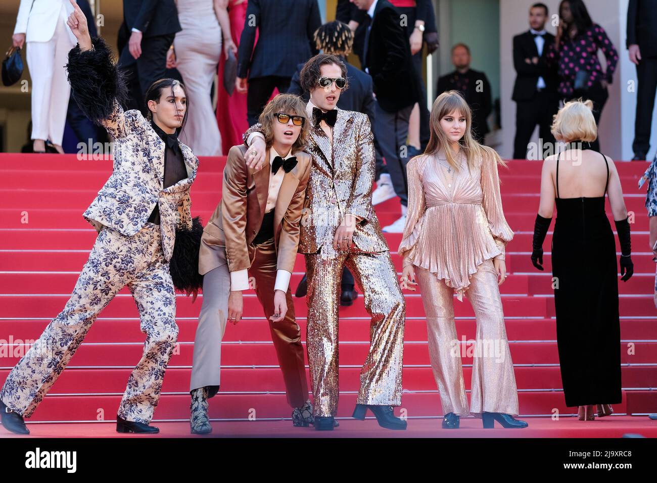 Cannes, France. 25th May, 2022. Cannes, France, Wednesday, May. 25, 2022 - Ethan Torchio, Thomas Raggi, Damiano David and Victoria De Angelis of Maneskin seen at the Elvis red carpet during the 75th Cannes Film Festival at Palais des Festivals et des Congrès de Cannes . Picture by Credit: Julie Edwards/Alamy Live News Stock Photo