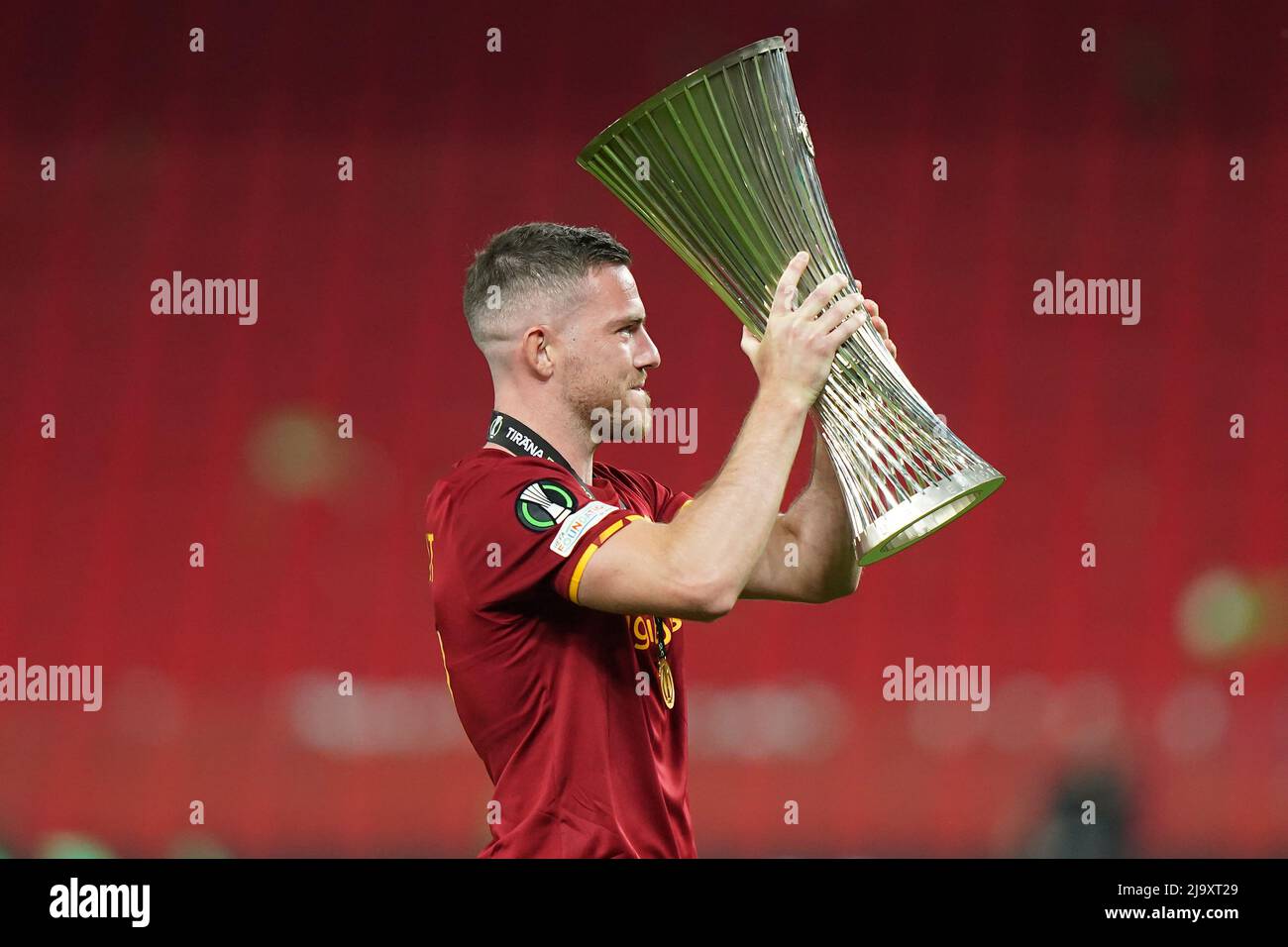 Tirana, Albania. 25th May, 2022. Jordan Veretout of AS Roma lifts the UEFA  Europa Conference League Trophy after their sides victory during the UEFA  Conference League final match between AS Roma and