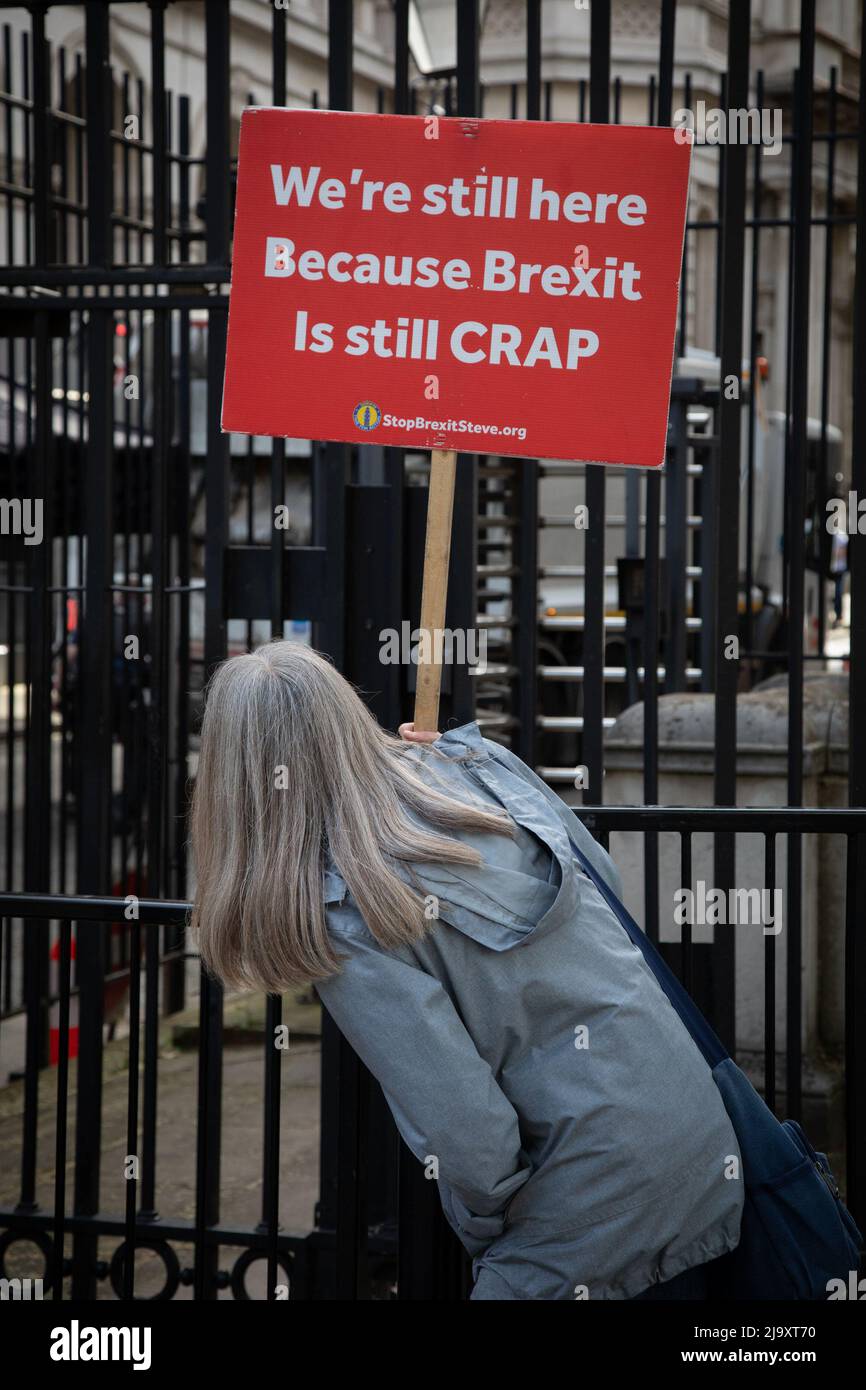 London, UK. 25 May 2022. A protester from the Stand of Defiance European Movement (SODEM) holds up a sign outside Downing Street stating 'We're still here because Brexit is still crap'. Credit: Kiki Streitberger/Alamy Live News Stock Photo