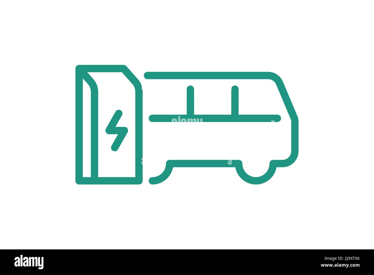 Electric bus charging in charger station linear icon. Electrical e-bus energy charge green symbol. Eco friendly electro vehicle recharge sign. Vector battery powered EV transportation eps logo Stock Vector