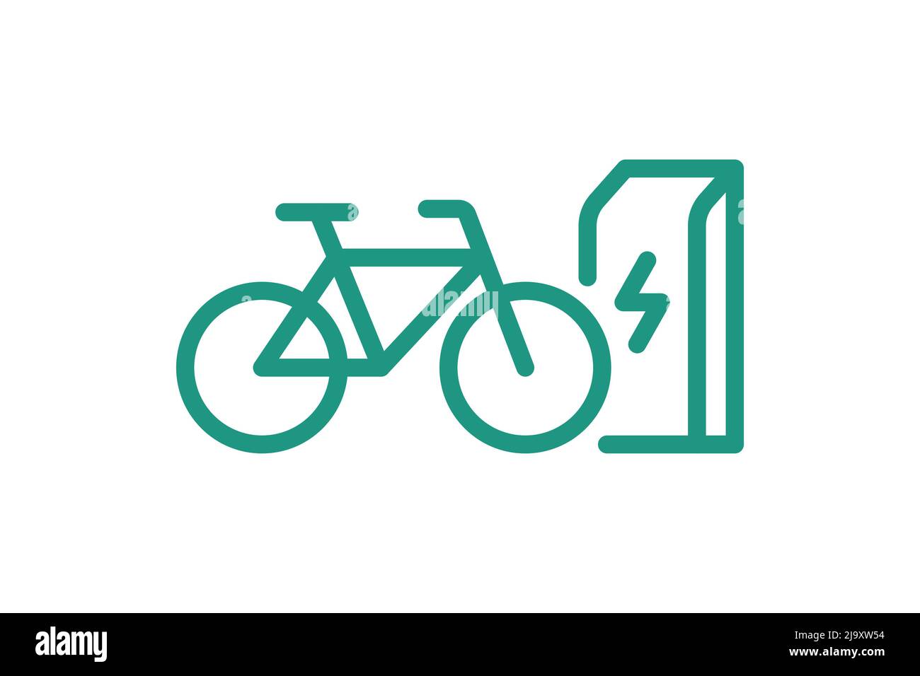 Electric bicycle charging in charger station linear icon. Electrical bike energy charge green symbol. Eco friendly electro cycle recharge sign. Vector eps battery powered e-bike transportation Stock Vector