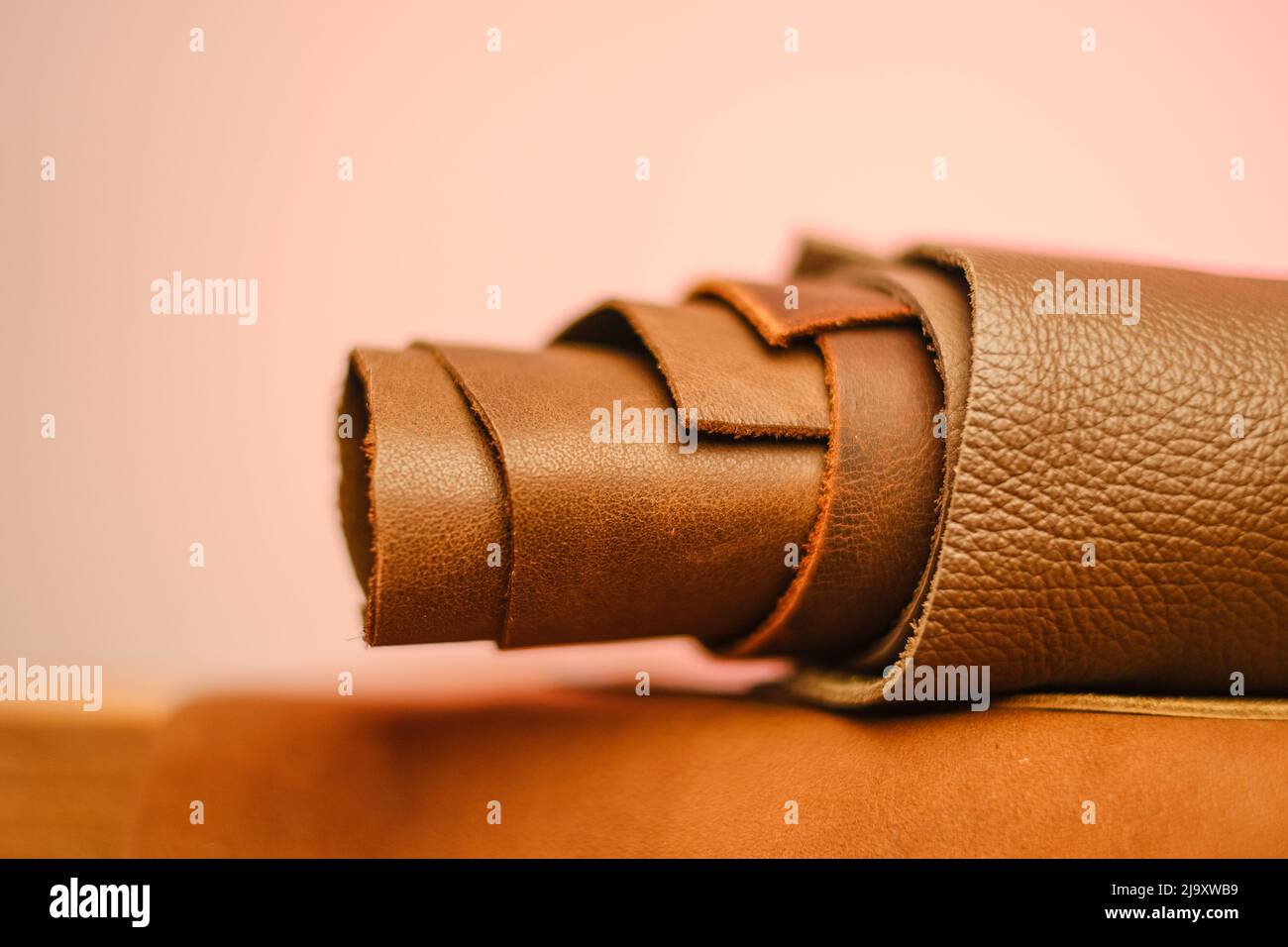 leather material. Genuine leather assortment. brown genuine leather assortment Stock Photo