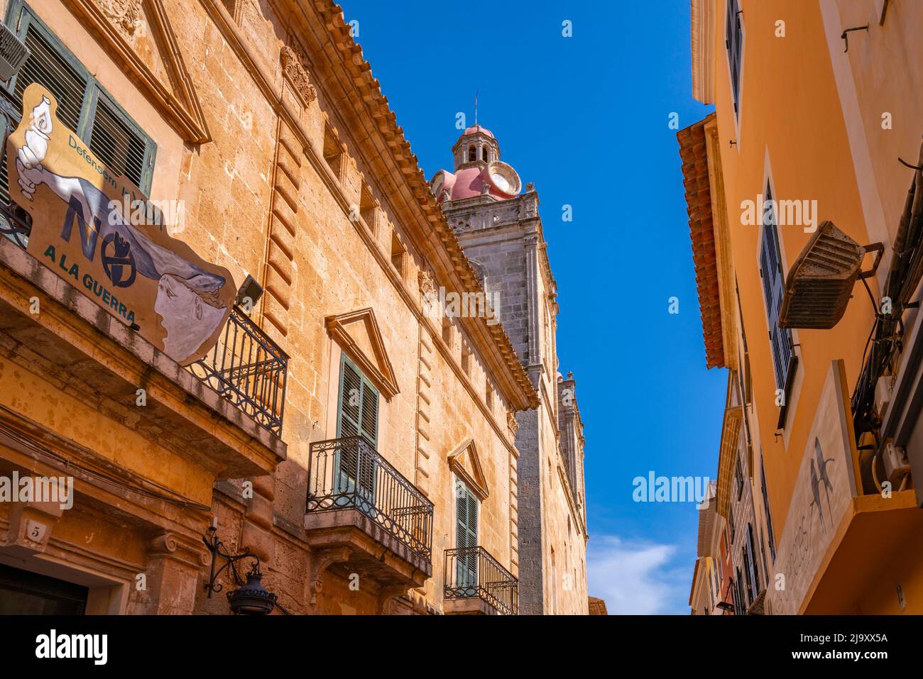 View of Le Couvent et le Cloître de Saint Augustin in narrow street, Ciutadella, Menorca, Balearic Islands, Spain, Europe Stock Photo