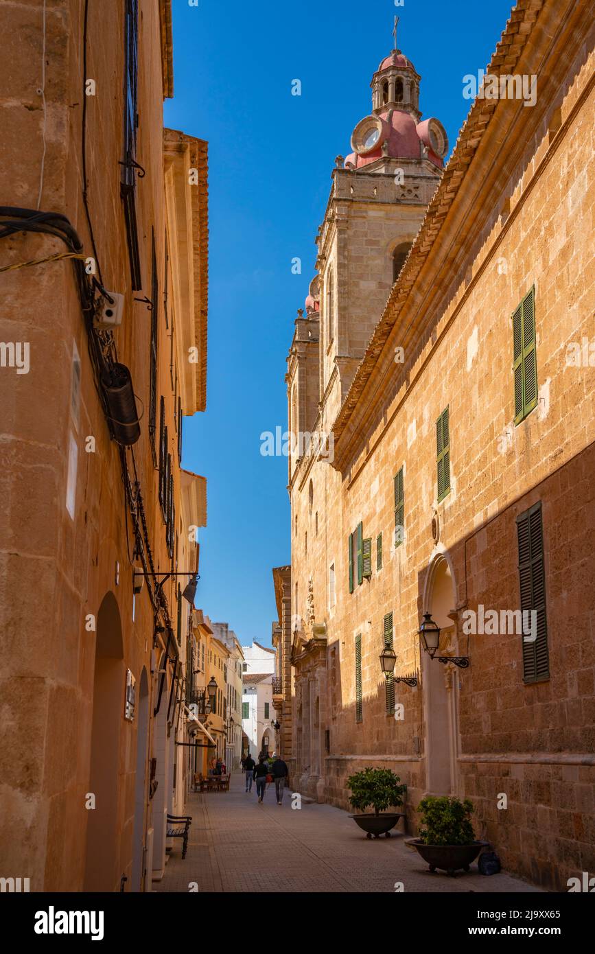 View of Le Couvent et le Cloître de Saint Augustin in narrow street, Ciutadella, Menorca, Balearic Islands, Spain, Europe Stock Photo