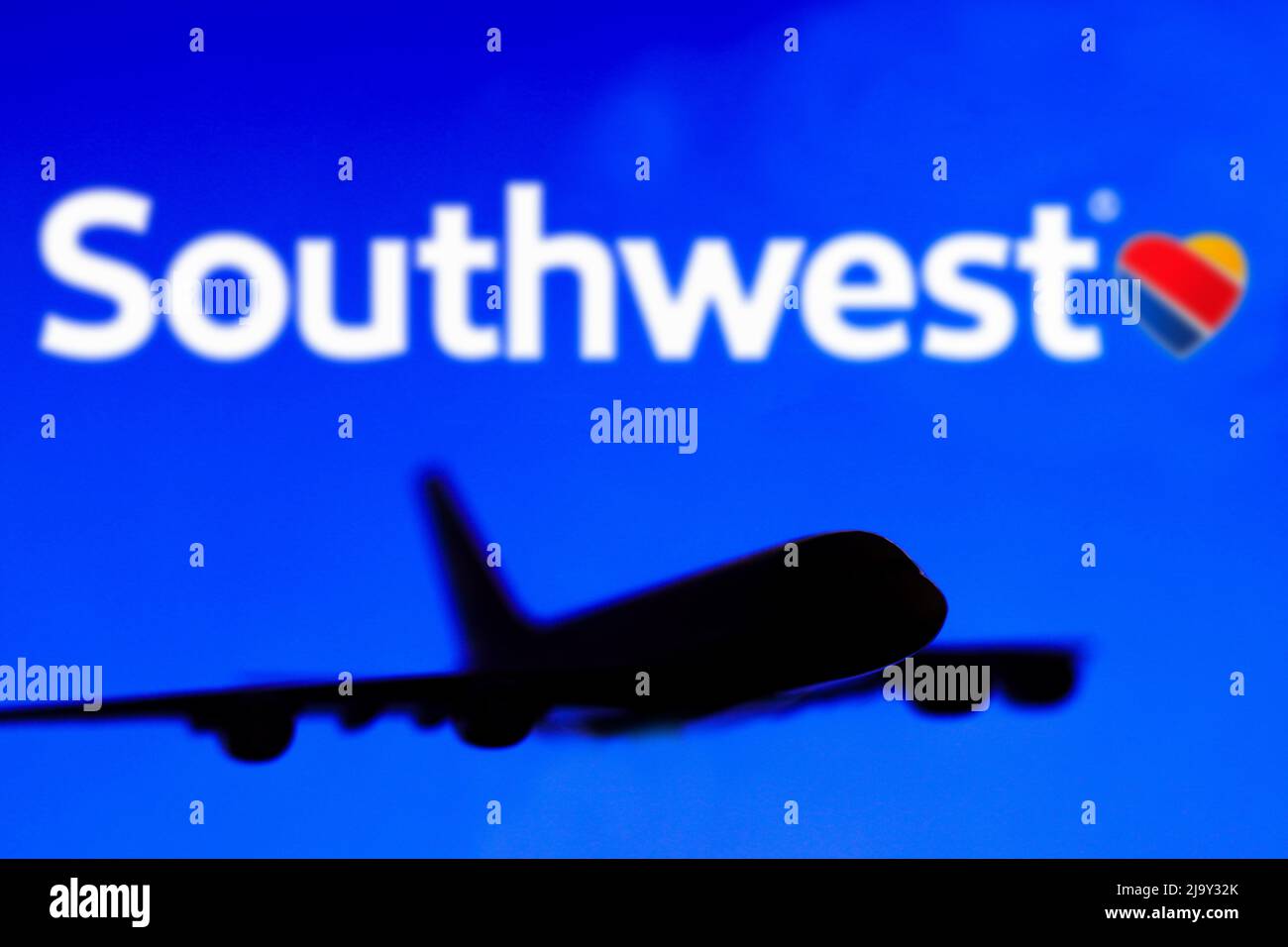 Brazil. 25th May, 2022. In this photo illustration, the silhouette of an Airbus A380 plane with the Southwest Airlines company logo in the background Credit: SOPA Images Limited/Alamy Live News Stock Photo
