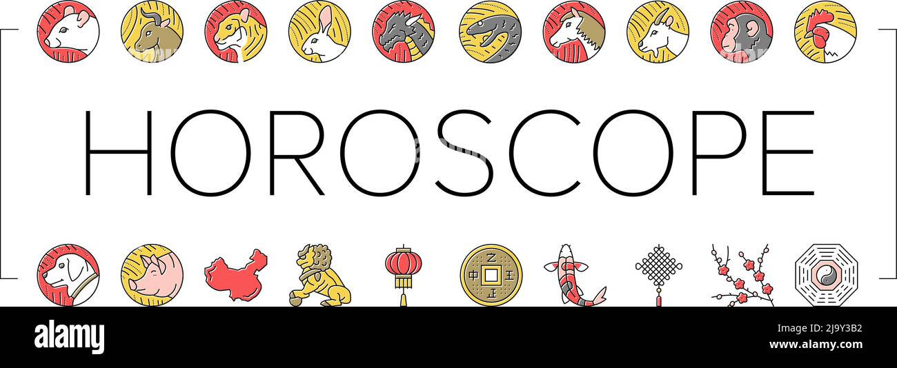 Chinese Horoscope And Accessory Icons Set Vector Stock Vector Image ...