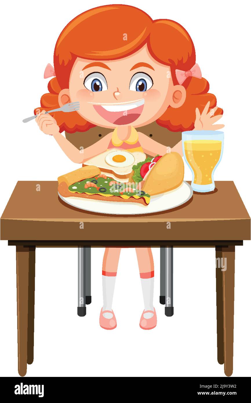 Happy girl enjoy eating food on table illustration Stock Vector Image & Art  - Alamy