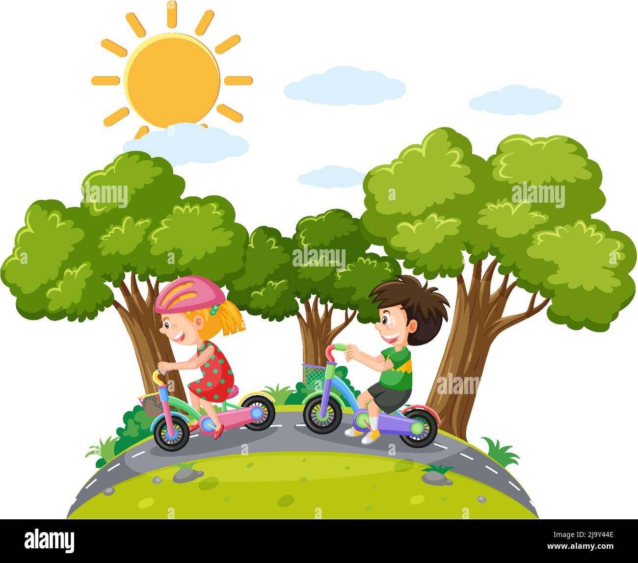 Children riding bicycle at park illustration Stock Vector Image & Art ...