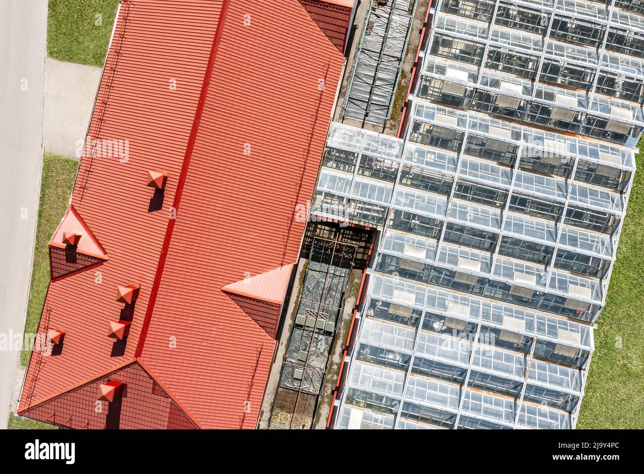 laboratory building with greenhouse in a botanical garden. aerial top view. Stock Photo