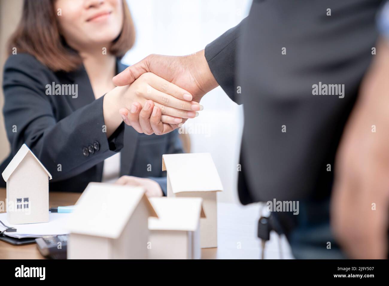 Sealing a deal concept, Estate agent shaking hands with his customer