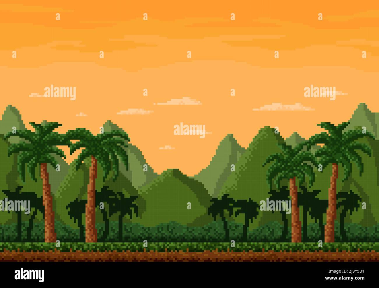 8bit pixel jungles landscape, game level background with forest trees and  palms, vector pixel art. 8 bit arcade video game background of wild  tropical rainforest palm trees and mountains Stock Vector Image