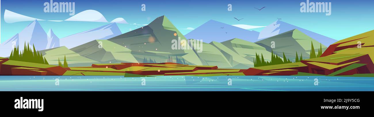 Summer landscape with river, mountains and forest. Vector cartoon illustration of scandinavian nature scene with lake, green grass, firs and rocks on horizon Stock Vector