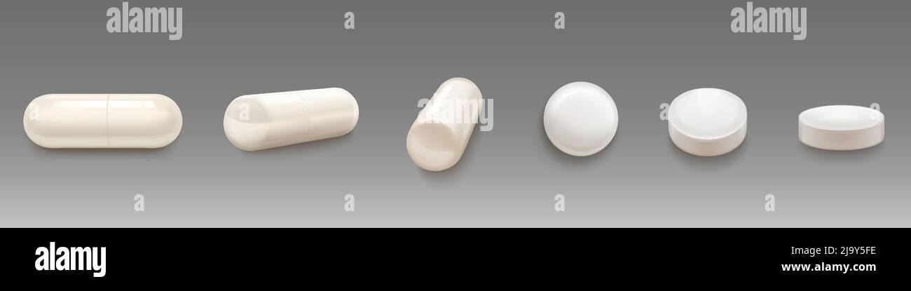 White medical pills and capsules in different views. Vector realistic 3d mockup of pharmaceutical drugs, round tablets and capsules. Set of medicaments, pharmacy remedies for cure and treatment Stock Vector