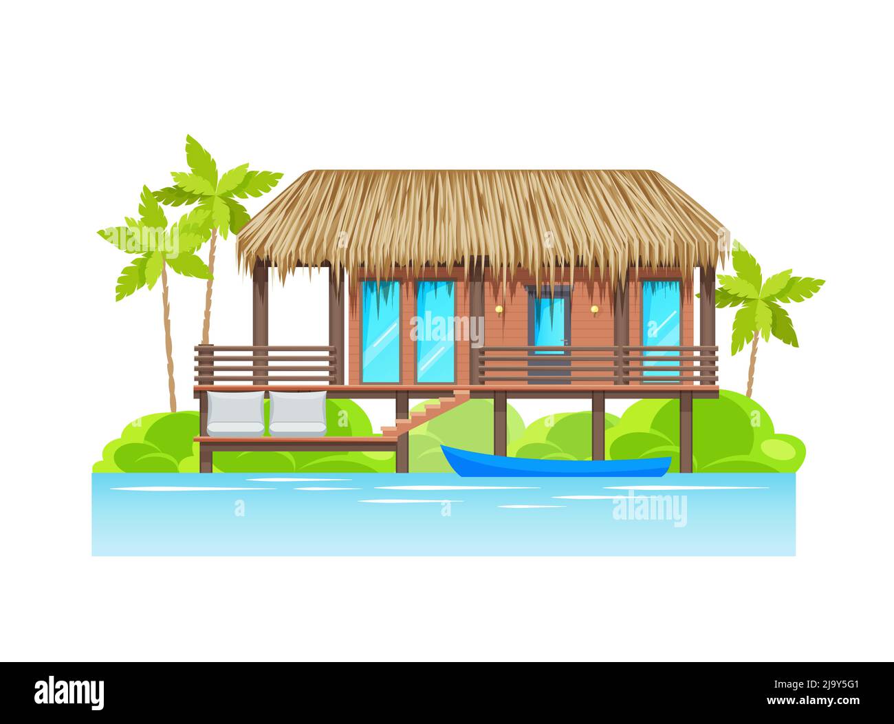 Modern bungalow exterior on island with parked water boat. Luxury