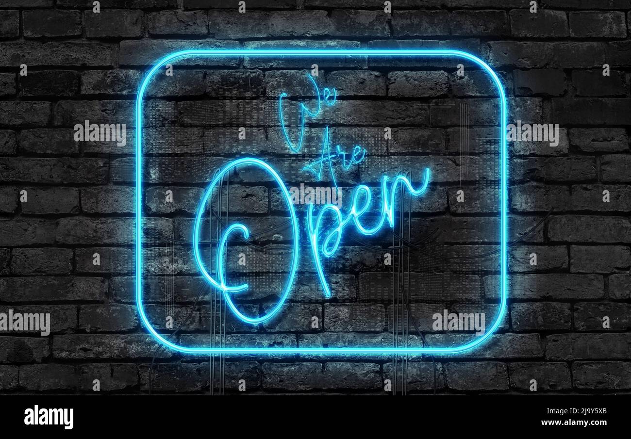 We Are Open Neon Sign on a dark wall Stock Photo