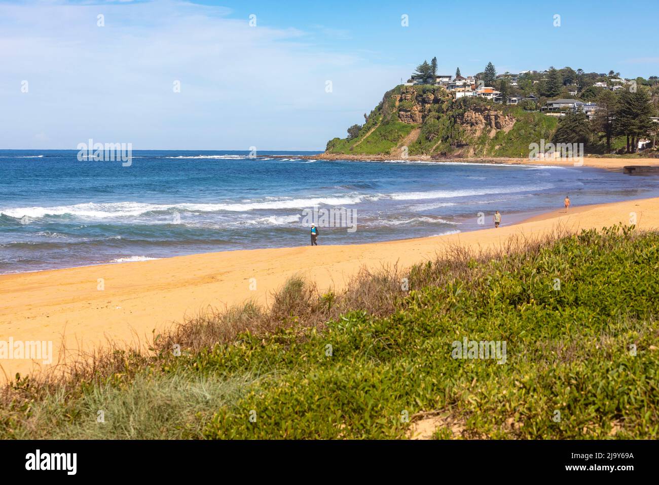 Newport Beach one of Sydney's northern beaches, people walking on the sand, cliff top homes on Bungan headland,Sydney,NSW,Australia in autumn Stock Photo