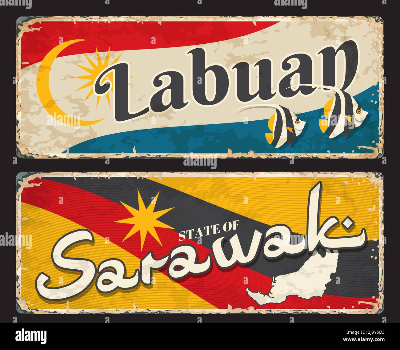 Labuan and Sarawak, Malaysian regions travel stickers and plates, vector tin signs. Malaysia states or provinces and regions welcome signs or tourism luggage tags with travel flags and maps Stock Vector