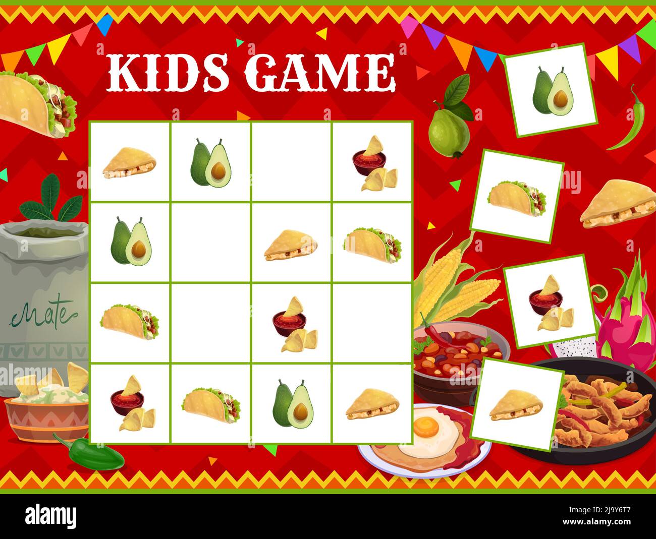 Sudoku Game Mexican Cuisine Meals Fruits And Snacks Vector Puzzle