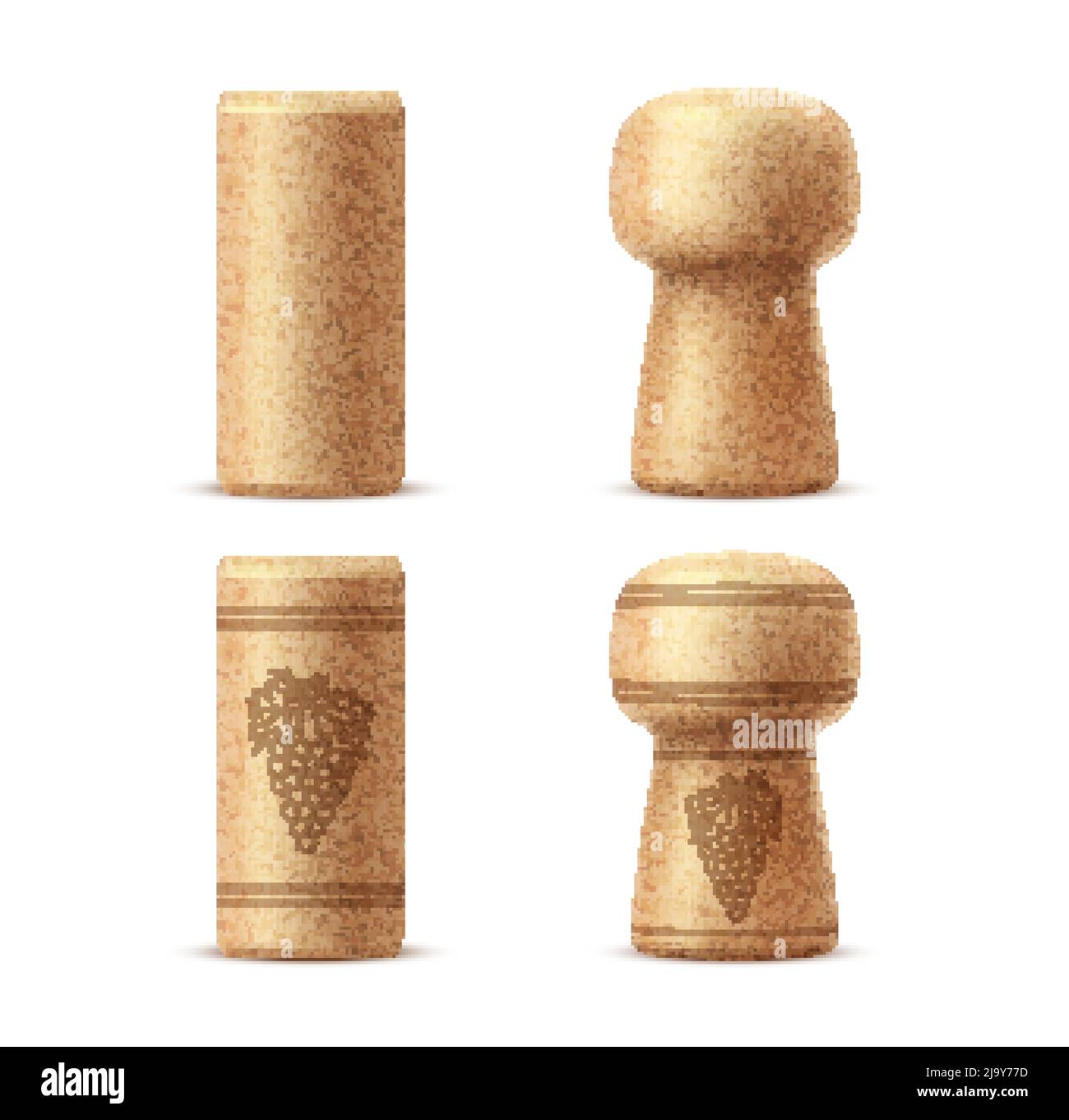 Realistic bottle corks, wine stopper caps. Isolated vector corkscrew wooden corks from champagne or natural colmated corks, conical, twin-top or agglomerated and bar-top synthetic wine stoppers Stock Vector
