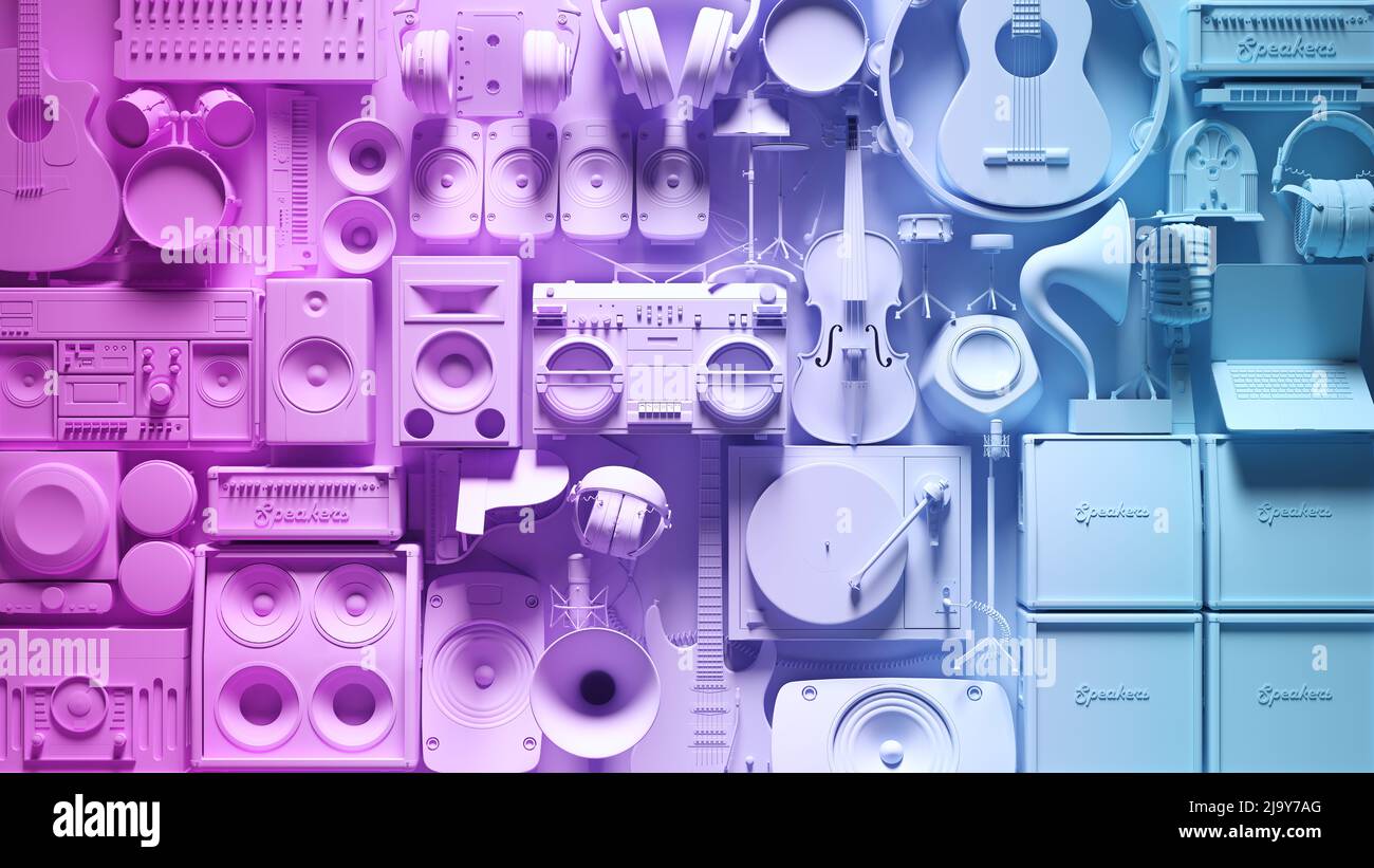 Pink Blue Vibrant Musical Equipment Instrument Production Wall 3d illustration render Stock Photo