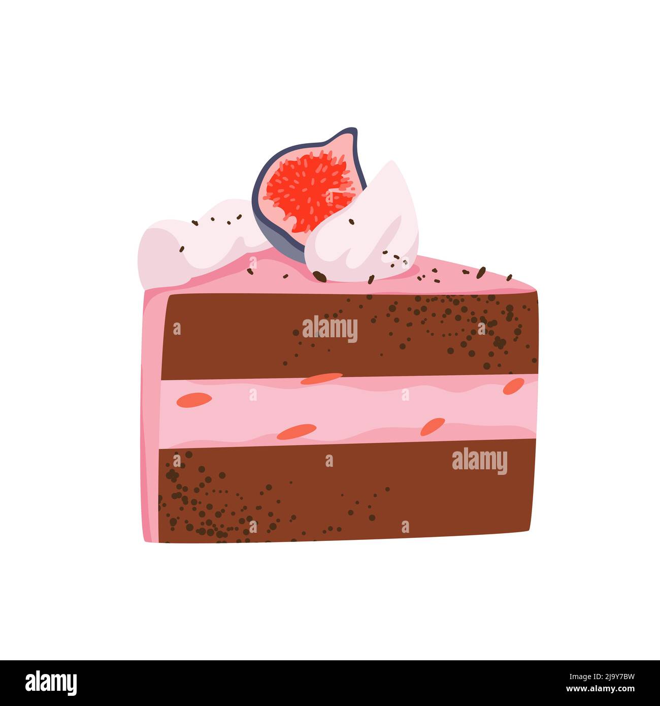 Piece of chocolate cake, slice of sweet dessert with layers of brown biscuit and mousse Stock Vector