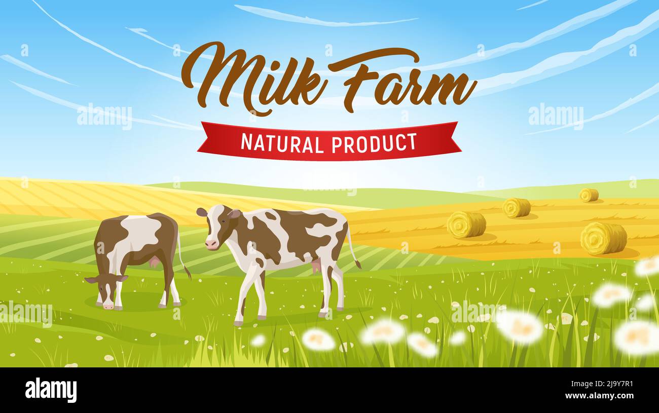 Milk farm realistic background with two cows grazing field vector ...