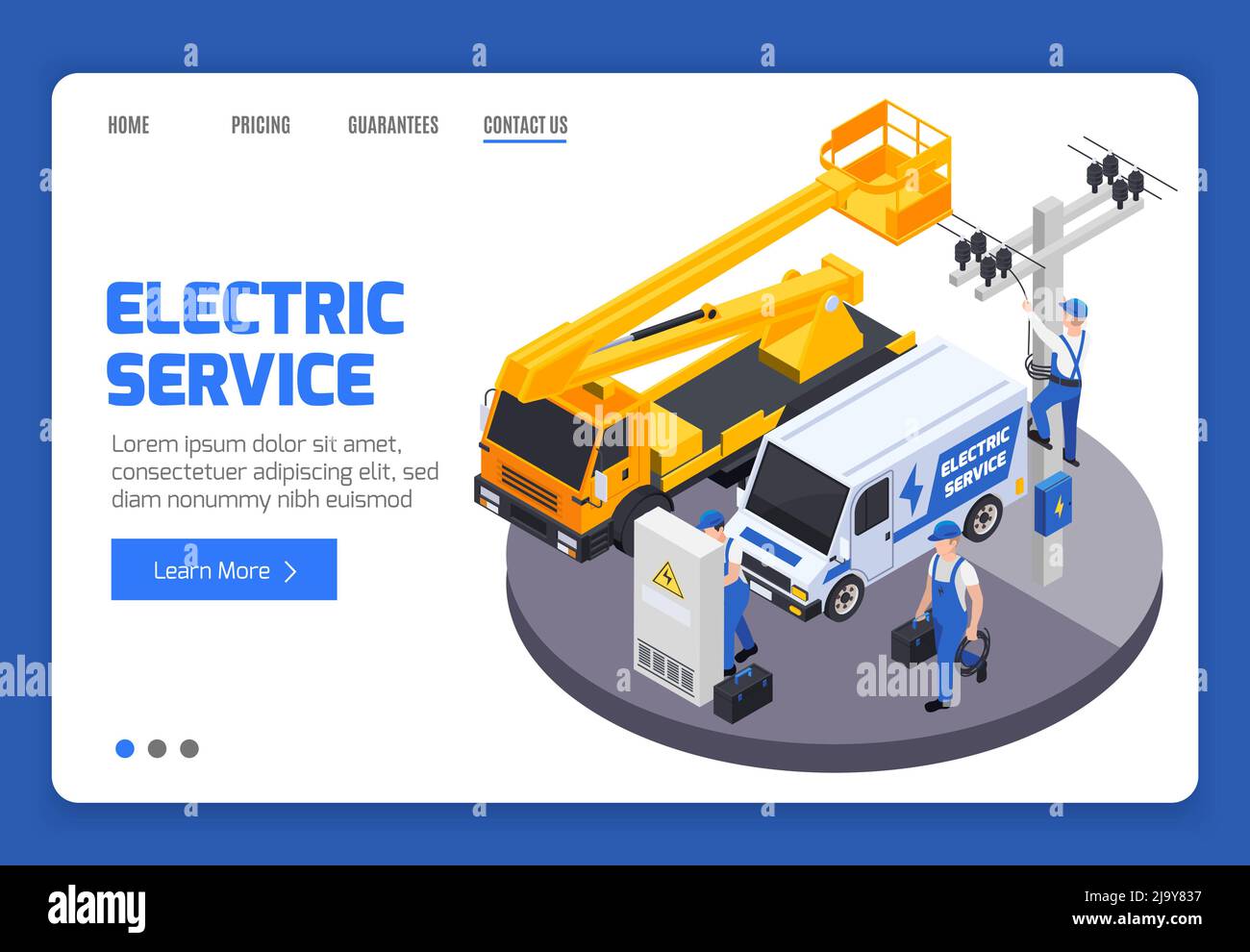 Electricity banner with men from electric service fixing high voltage