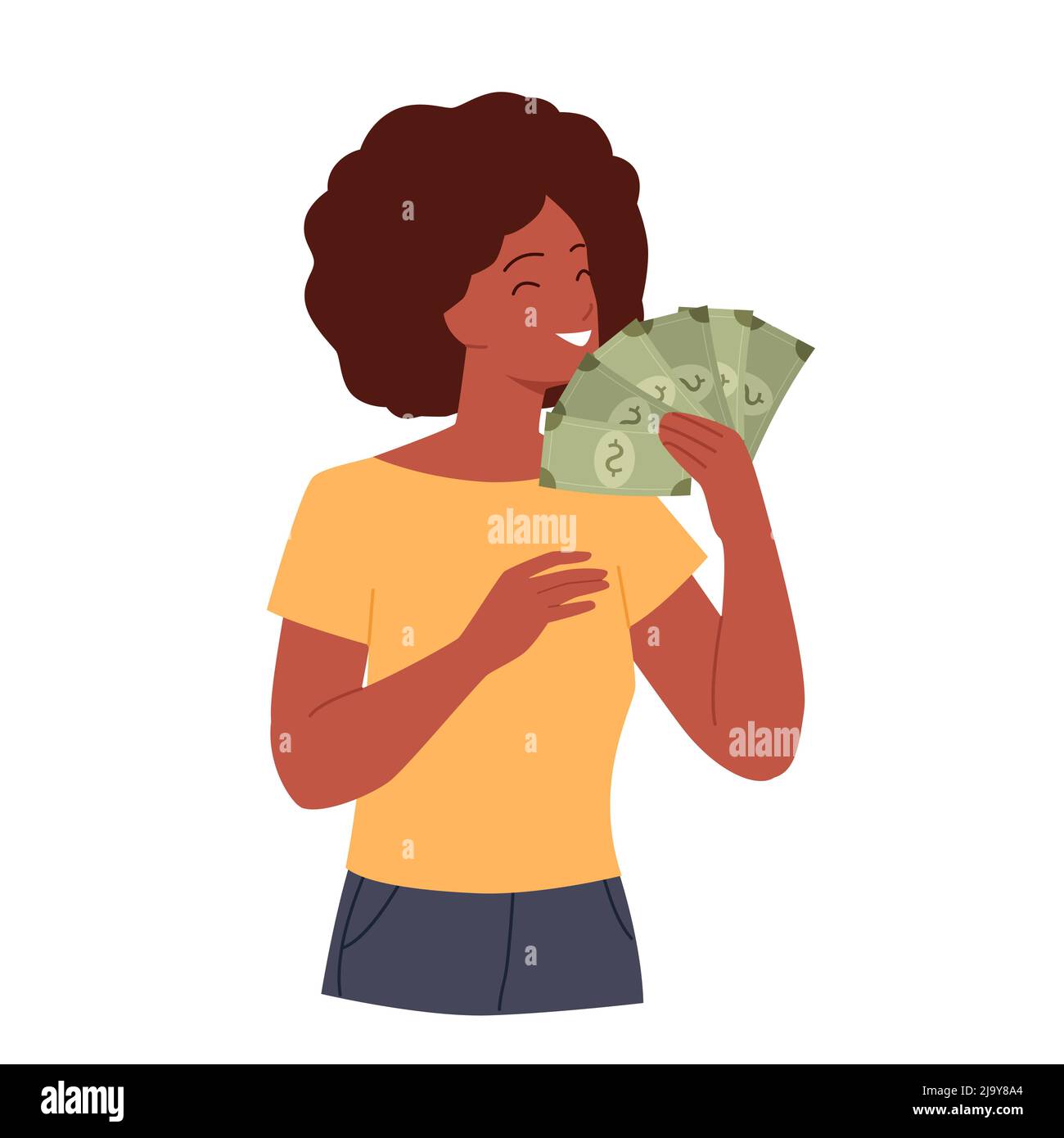 Happy rich girl holding fan of dollar banknotes, pretty cheerful woman