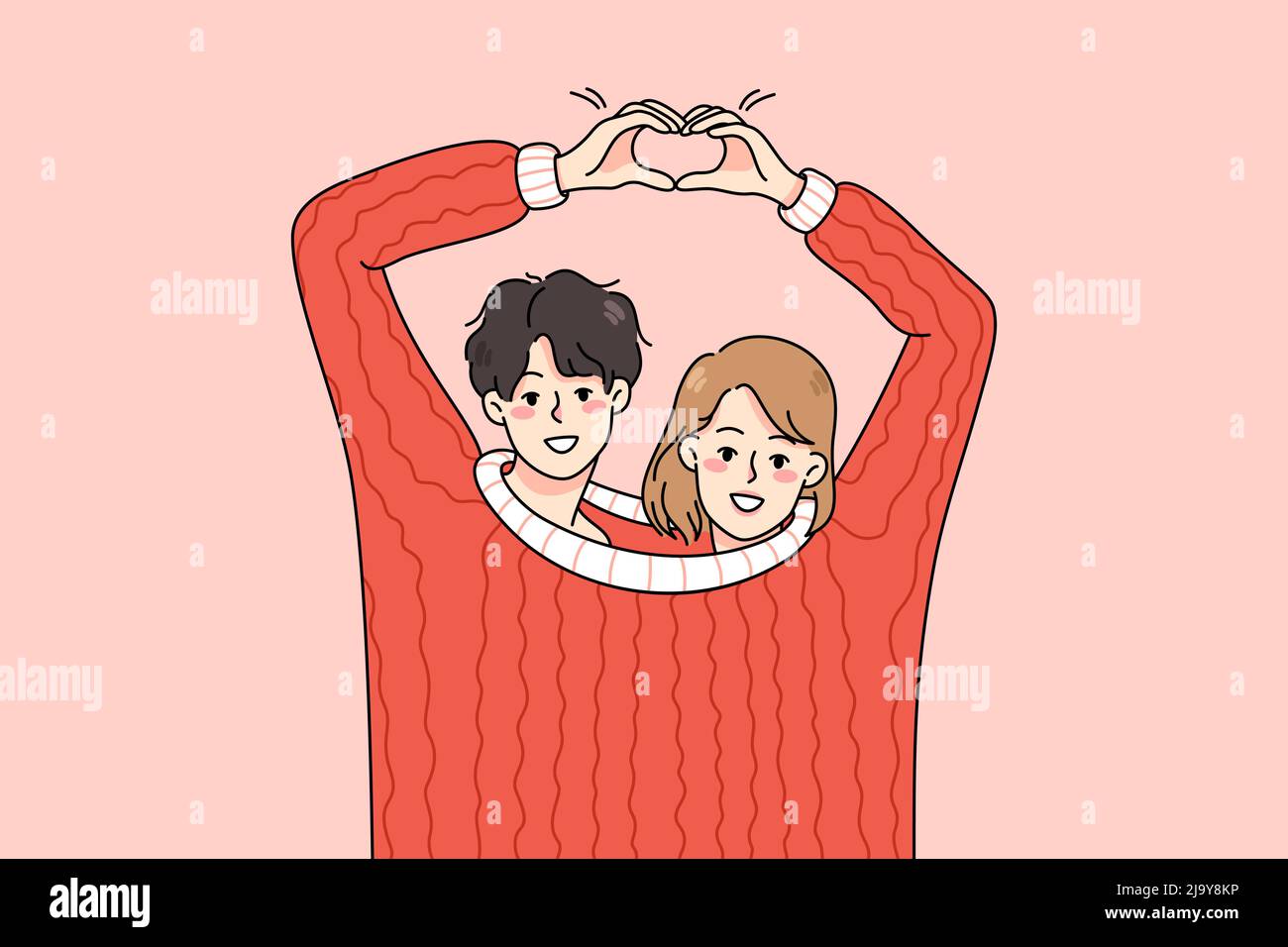 Cute happy couple lovers wearing one sweater make heart hand gesture. Smiling man and woman hug demonstrate love sign. Romance and relationship concept. Vector illustration.  Stock Vector