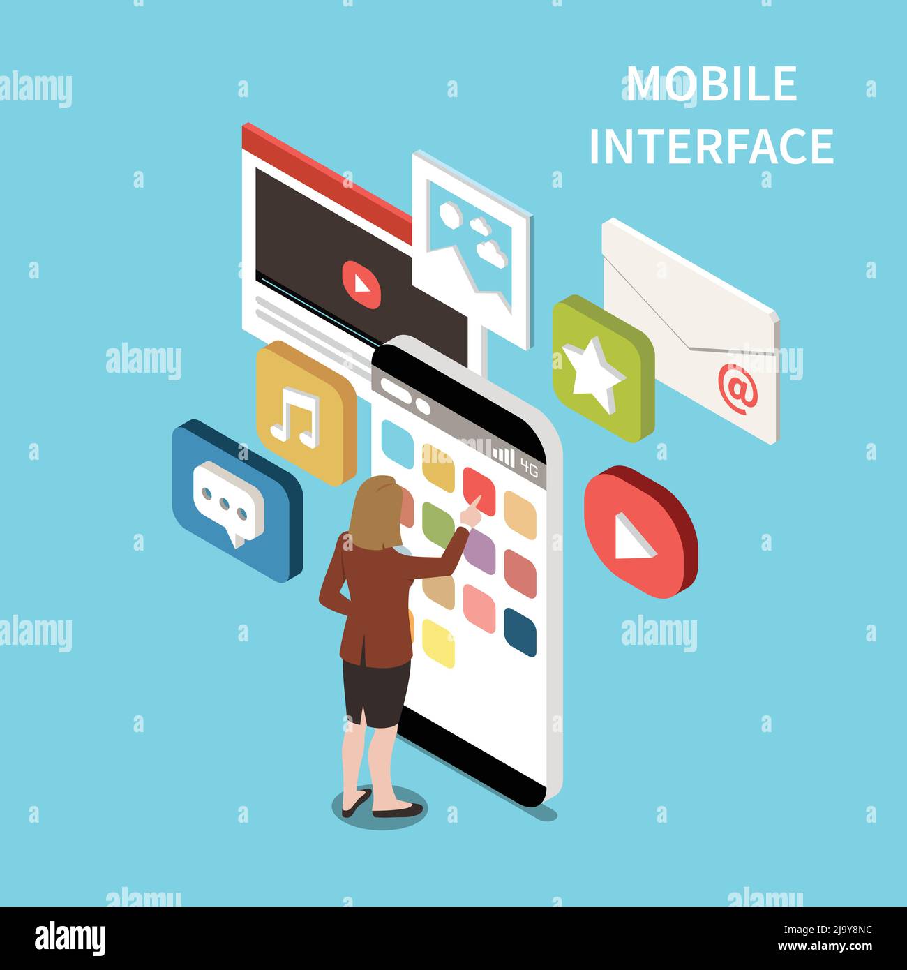 Mobile interface isometric design concept with email video chat music ...